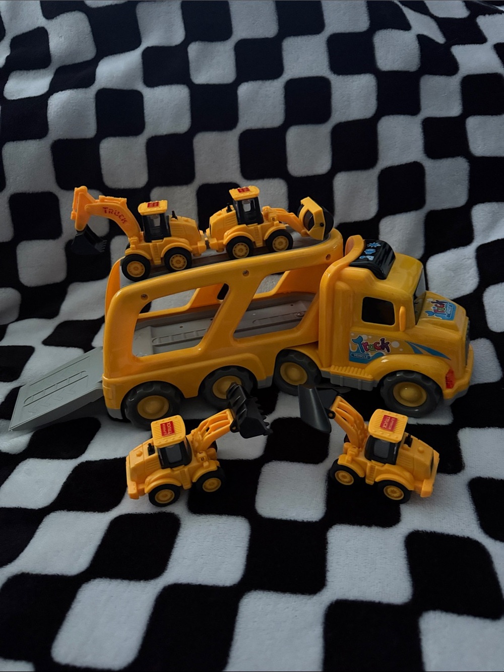 Yellow Car Carrier Truck with Lights & Sound and Four Mini Construction Vehicles